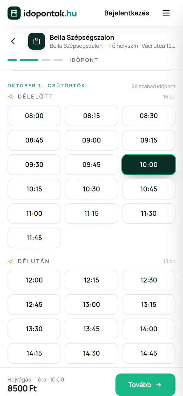 A beauty salon's public booking page on a phone (in Hungarian): Thursday's free morning and afternoon times, 10:00 selected, a Continue button at the bottom.