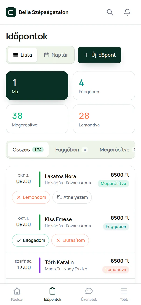 The Appointments screen on a phone (in Hungarian): today's, pending, confirmed and cancelled counts, then the list with Accept and Decline buttons.