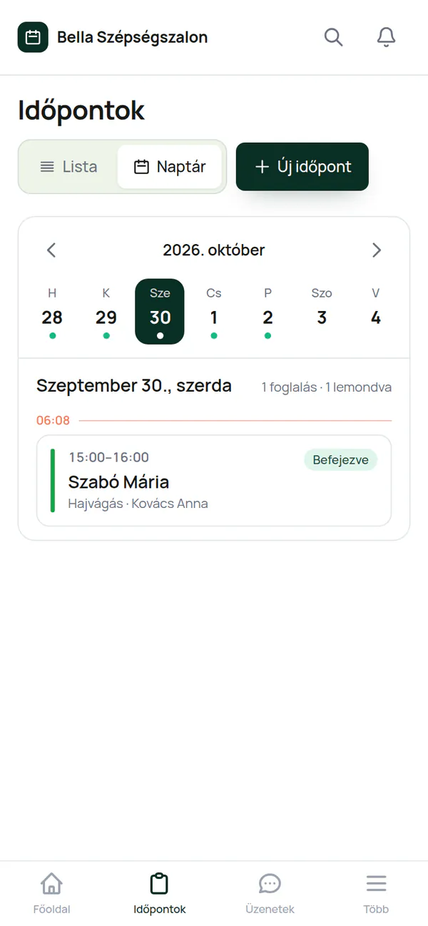 Day calendar view on a phone (in Hungarian): today selected in the week strip, with the day's bookings by time, service and staff member.